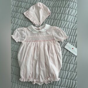 NWT Petit Ami Light Pink Baby bubble romper with smocked Embroidery and bonnet